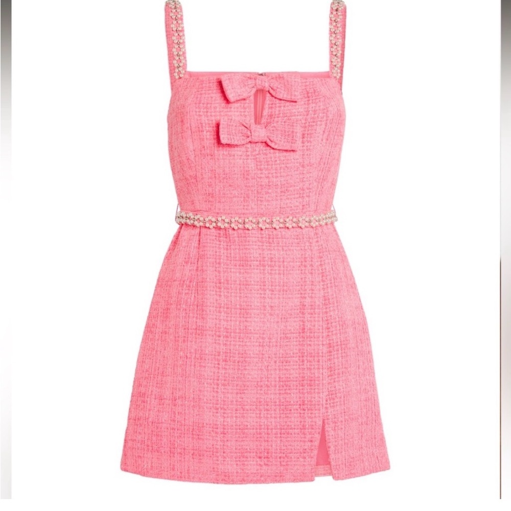 Self Portrait Pink Boucle Bow and Pearl Mini Dress